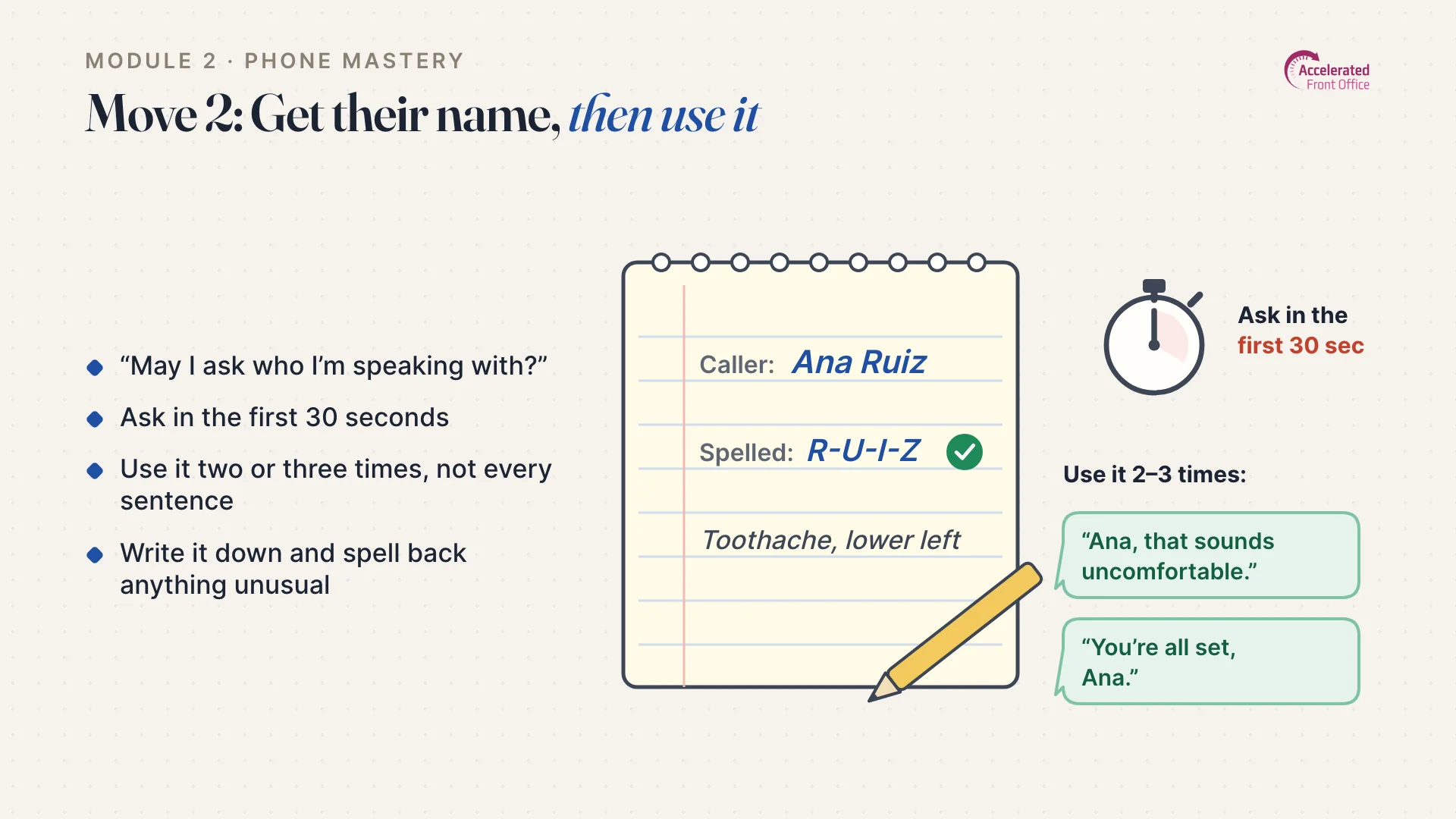 Lesson slide: Move 2, get their name and then use it, with the caller's name spelled out on a notepad.