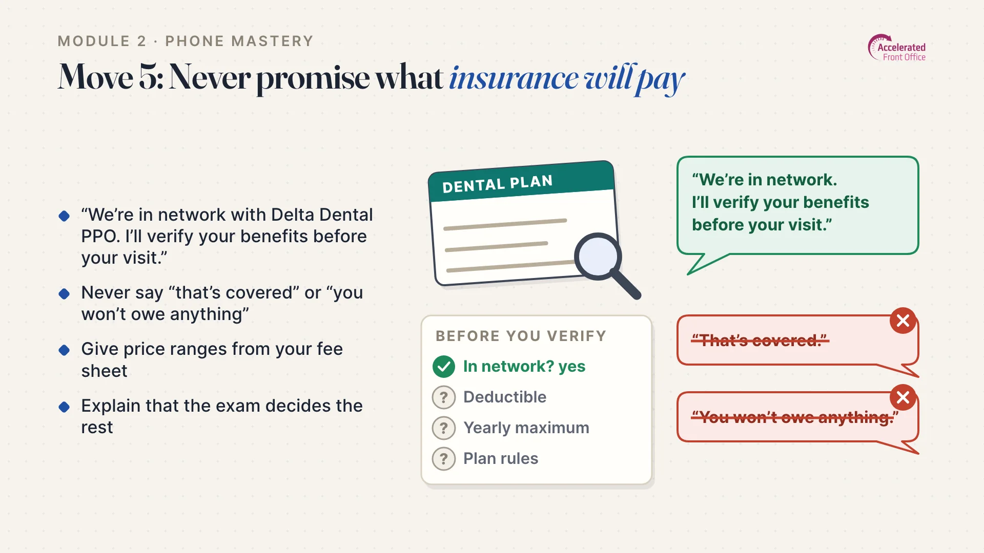 Lesson slide: Move 5, never promise what insurance will pay, with the phrases to avoid crossed out.