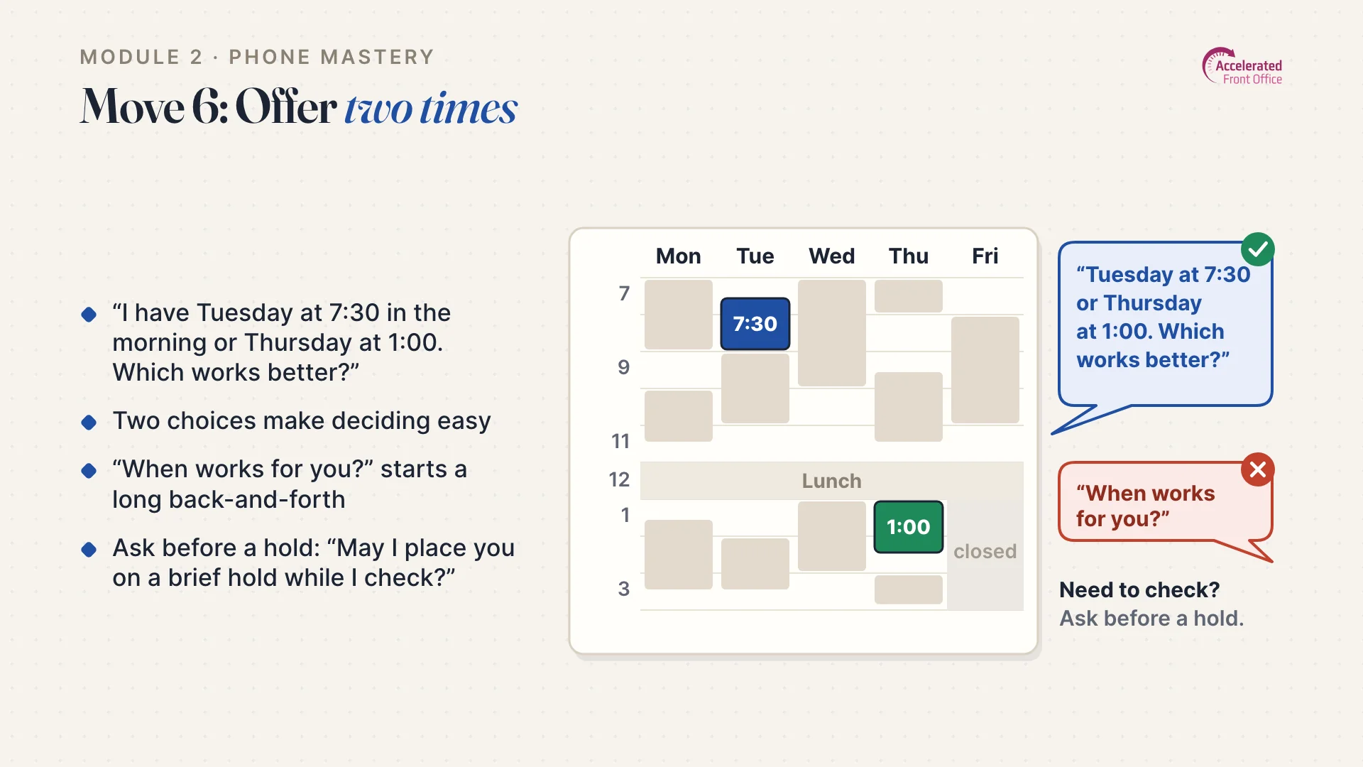 Lesson slide: Move 6, offer two times, with Tuesday at 7:30 and Thursday at 1:00 marked on a week view.