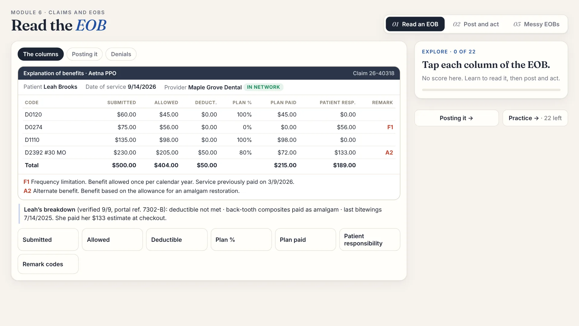 The EOB reader simulation: an Aetna PPO explanation of benefits with submitted, allowed, deductible, plan paid and patient columns and two remark codes.